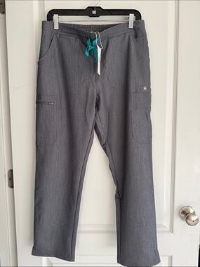 Figs Woman's Yola Skinny Straight Gray Cargo Pants with Teal Drawstring